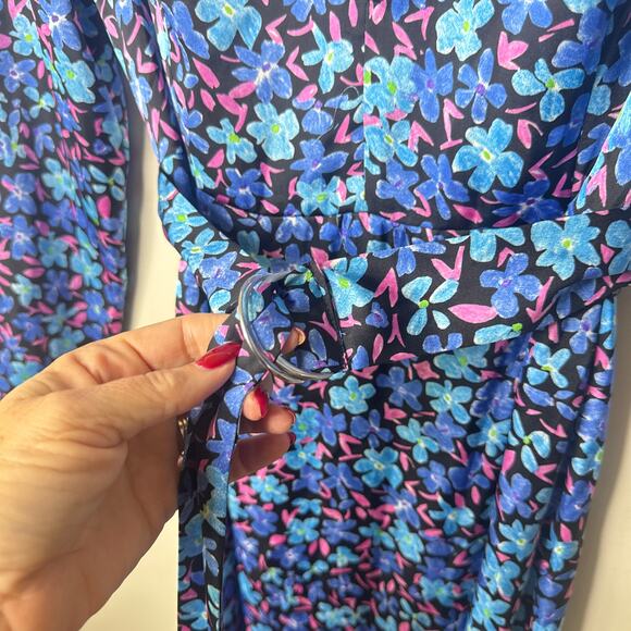 NEW NWT Zara Midi‎ Blue Floral Long Sleeve Satin Dress Small Belted Front Slit - Picture 4 of 10